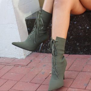 Khaki Lace Up Knit Ankle Heel Booties